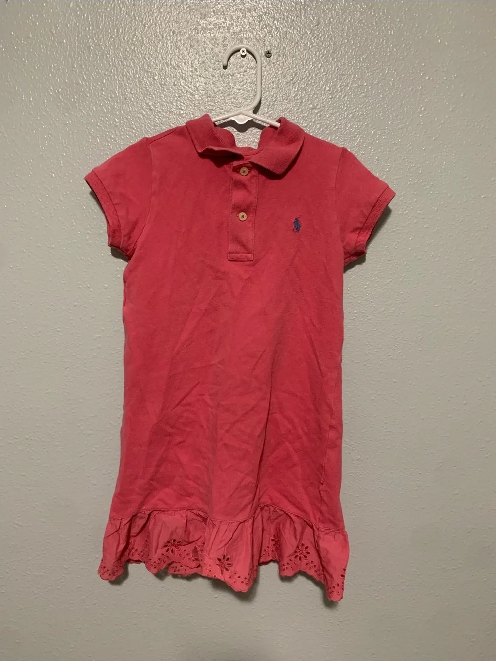 Ralph Lauren Coral Pink Polo Dress with Eyelet Ruffle